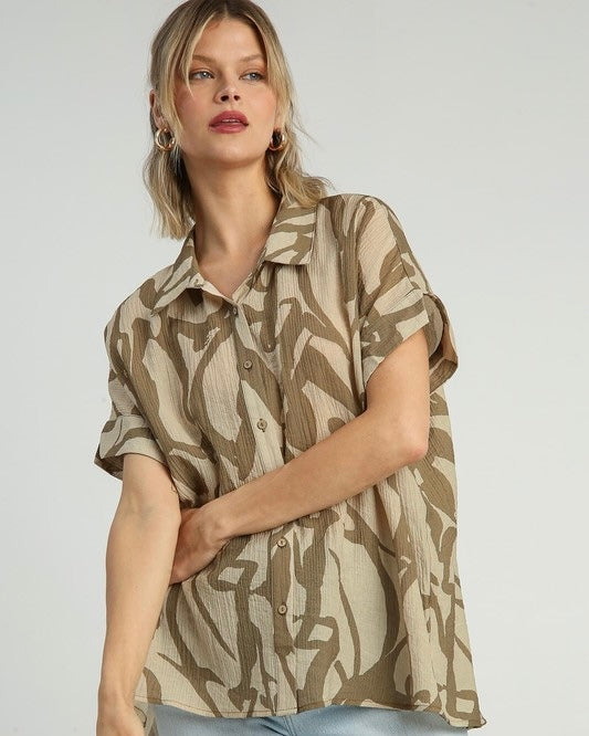 Two Tone Abstract Button Down Short Sleeve Top