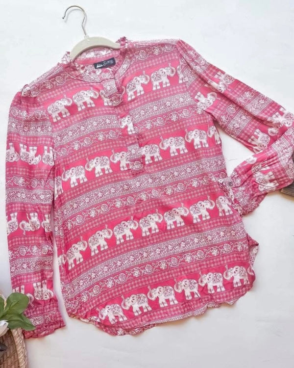 Mauve Pink Elephant Print Button Neck Long Sleeve Top
