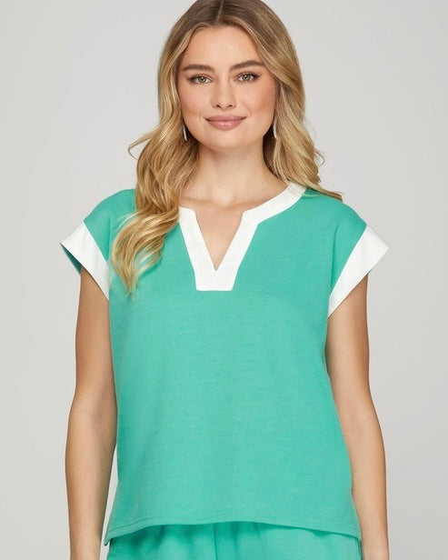 Solid Jade Turquoise or Lilac Purple w/White Trim Color Block Split Neck Short Sleeve Top