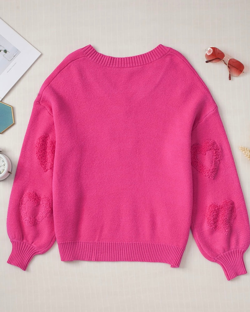 Pink Sweater with Raised Hearts Embellished with Pearls Long Sleeves