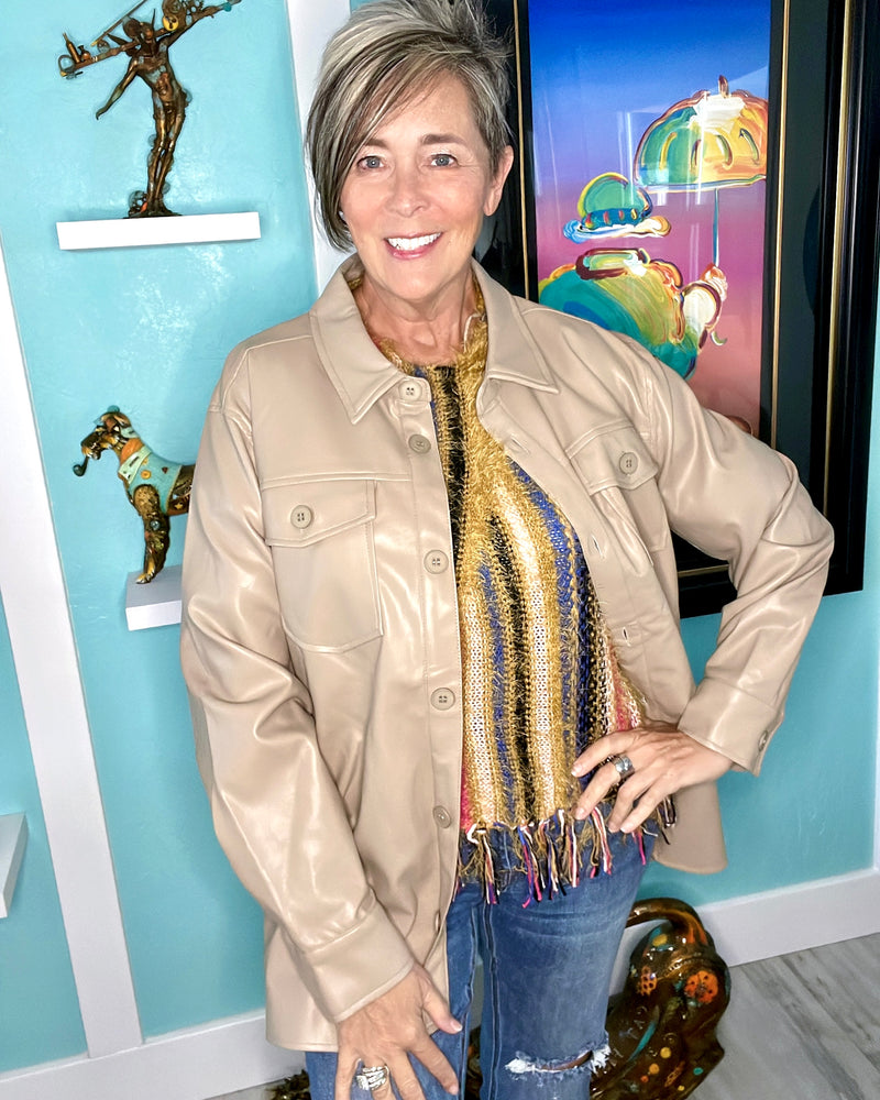 Tan Taupe Faux Leather Button Down Side Pockets Shirt Jacket