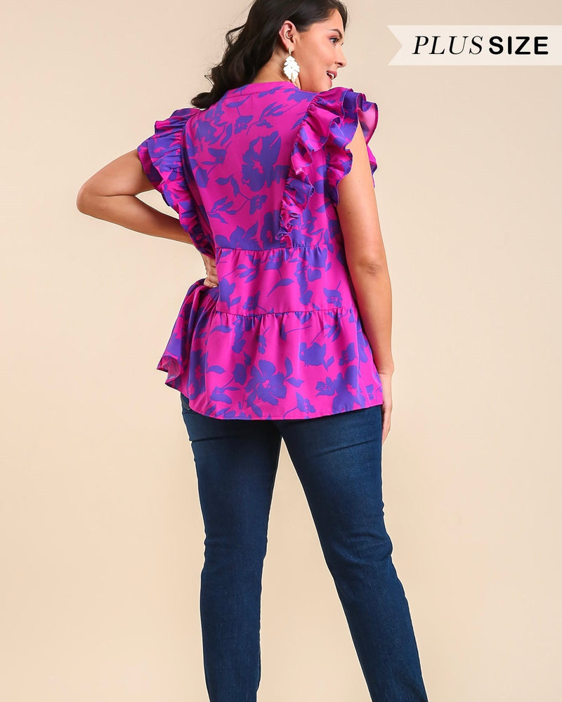 Plus Size Pink & Orange or Purple & Fuschia Double Ruffle Cap Sleeve Floral Open Neck Top