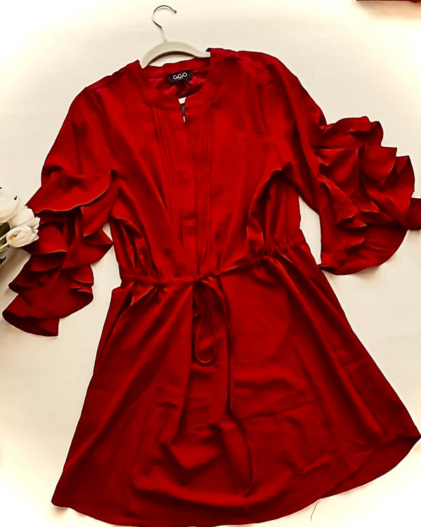 Burgundy Wine Drawstring Waist 3/4 Ruffle Tier Sleeve Dress
