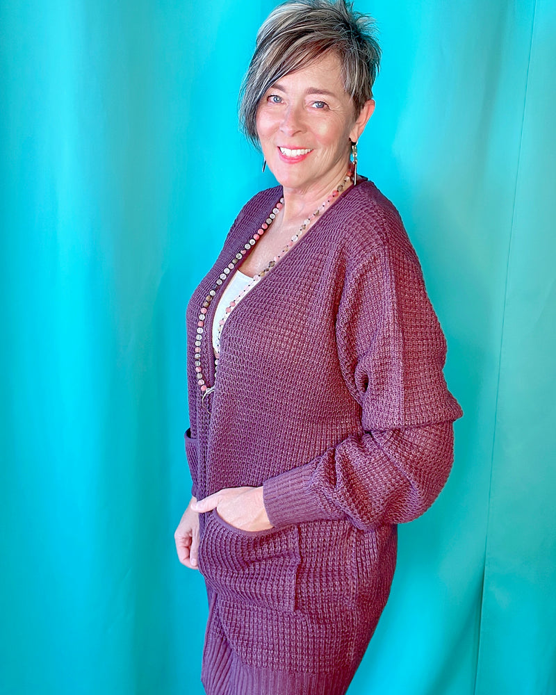 Purple Plum Eggplant Open Front Long Sleeve Pocket Sweater Knit Cardigan