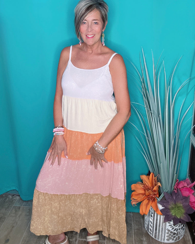 Multicolor Washed Lavender, Orange & Rose Tiered Block Cami Midi Spaghetti Strap Sundress