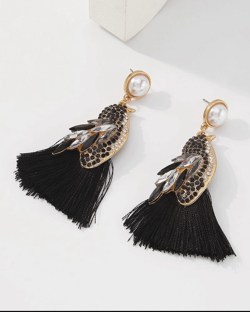 Bright Multicolor or Black Rhinestone Parrot Bird with Feather Fringe Earrings