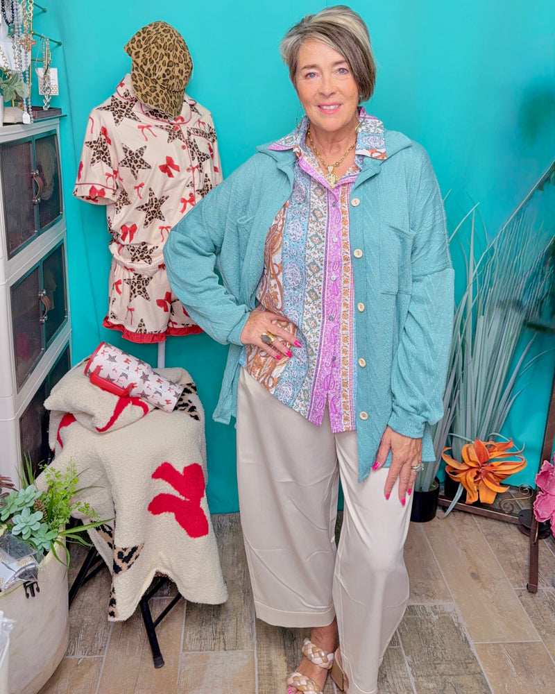 Teal Blue Button Down Textured Long Sleeve Jacket Top