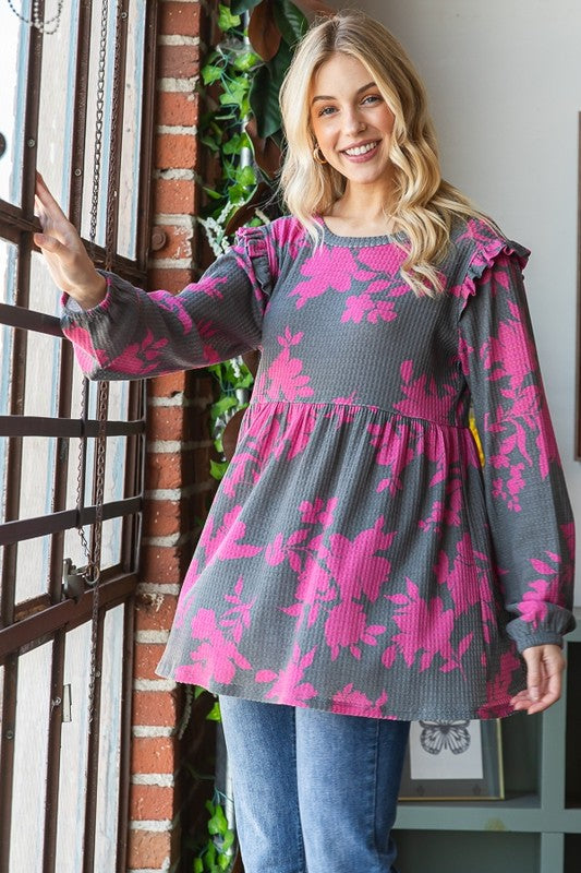 Plus Size Gray & Pink Waffle Texture Long Sleeve Babydoll Top