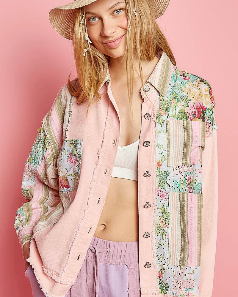 Pink Green Stripe Floral Mix Print Long Sleeve Button Light Denim Jacket