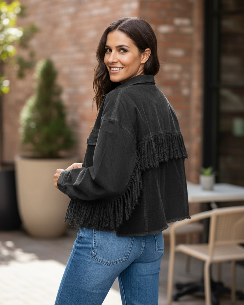 Black Frayed Fringe Detail Waist Style Denim Jacket