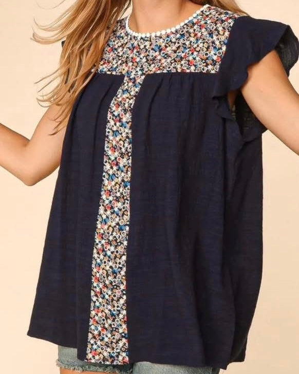 Plus Size Navy Blue Short Cap Sleeve Embroidery Floral Print Top