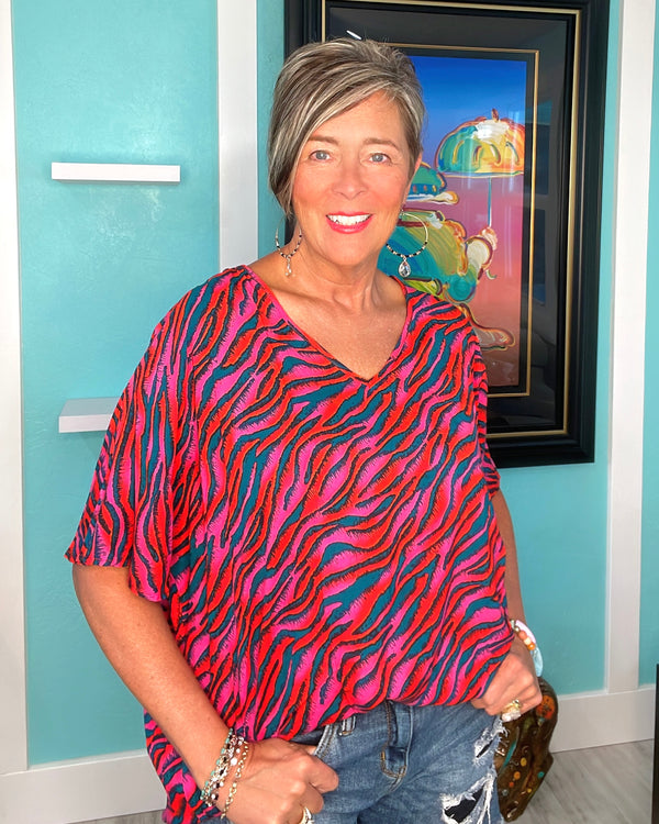 Magenta & Teal Animal Zebra Print VNeck Short Sleeve Blouse