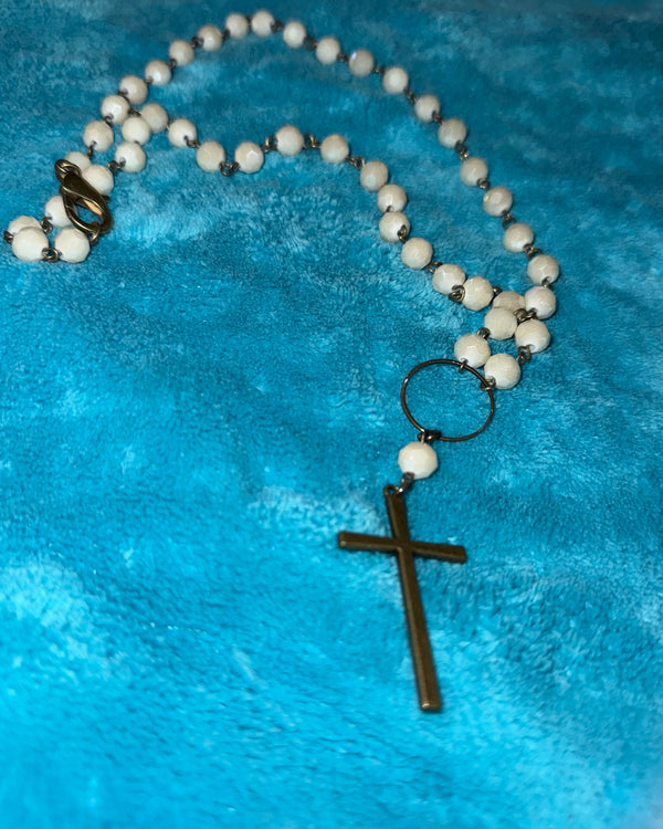 Semi Neutral Sparkling Beads with Brass Thin Cross Pendant Necklace