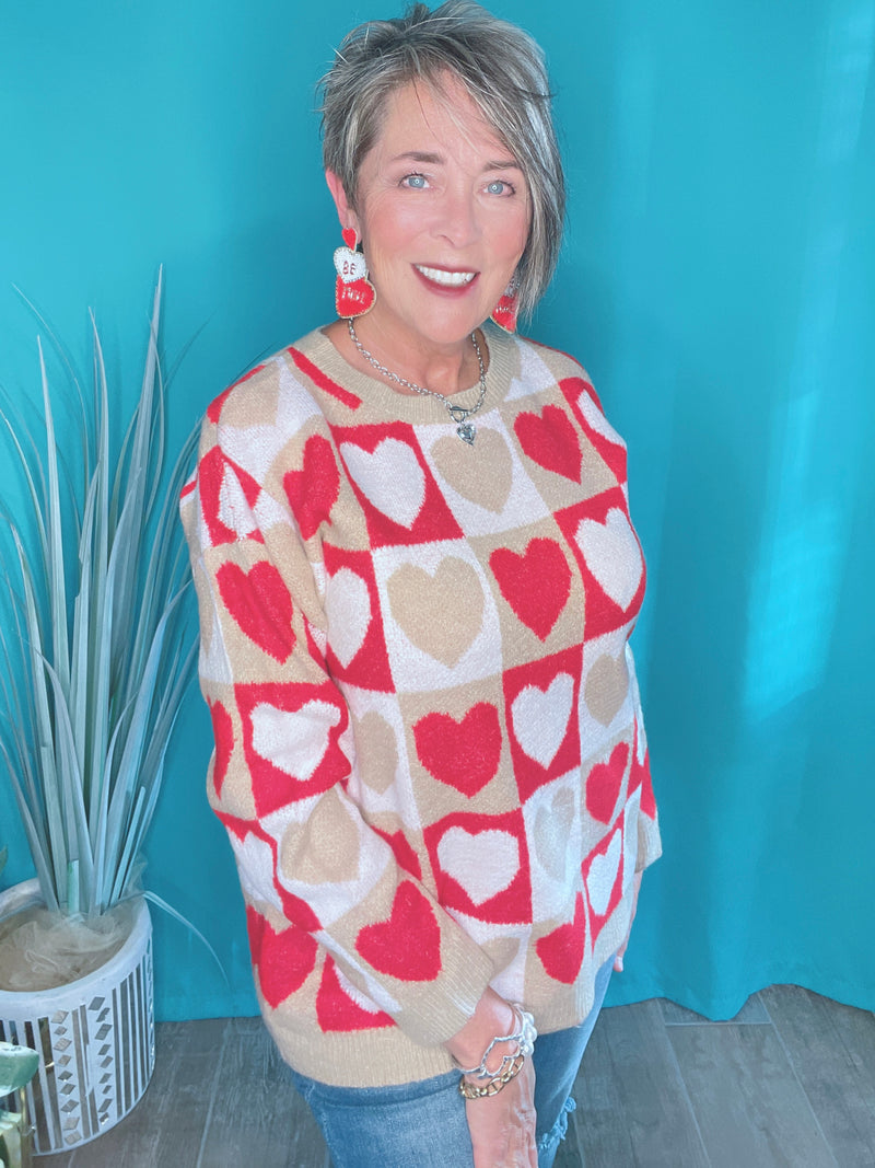 Red and Tan Valentine Heart Checkered Long Sleeve Sweater