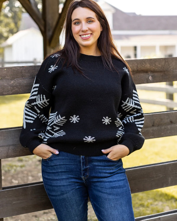 Plus Size Black Snowflake Winter Long Sleeve Sweater