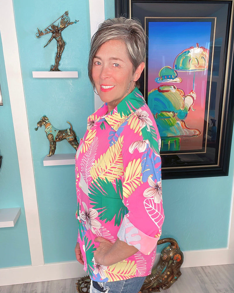 Pink Multicolor Tropical Trip to the Keys Button Up Long Sleeve Top