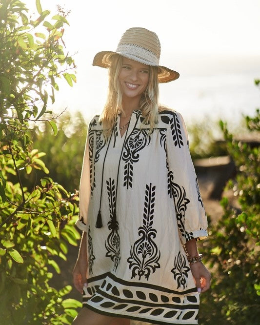 Ivory & Black Printed 3/4 Sleeve VNeck Tassel Tie Dress