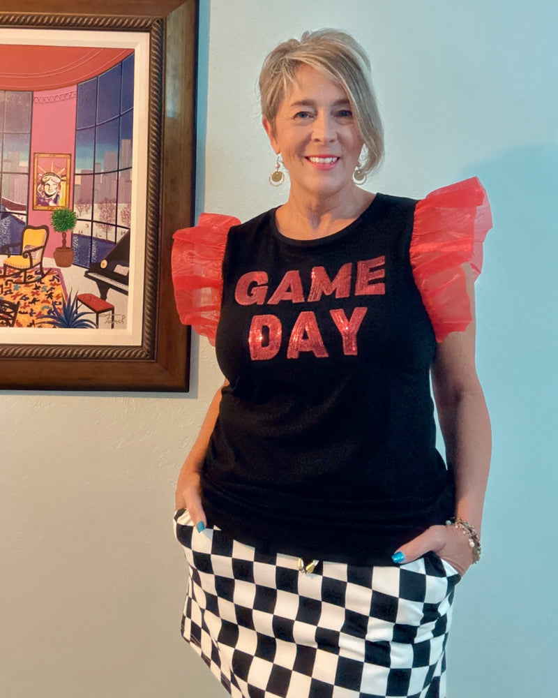 “Game Day" Short Ruffle Sleeve Sequin Patch Top