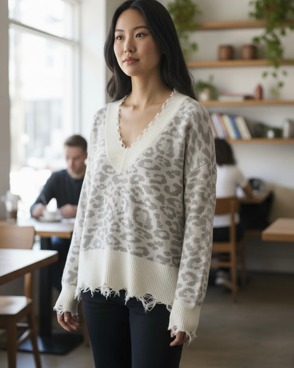Gray & White Leopard Long Sleeve Raw Distressed Edge Sweater