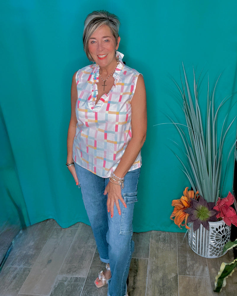 Pastel Plaid on White Ruffle Open VNeck Sleeveless Cotton Tank Top