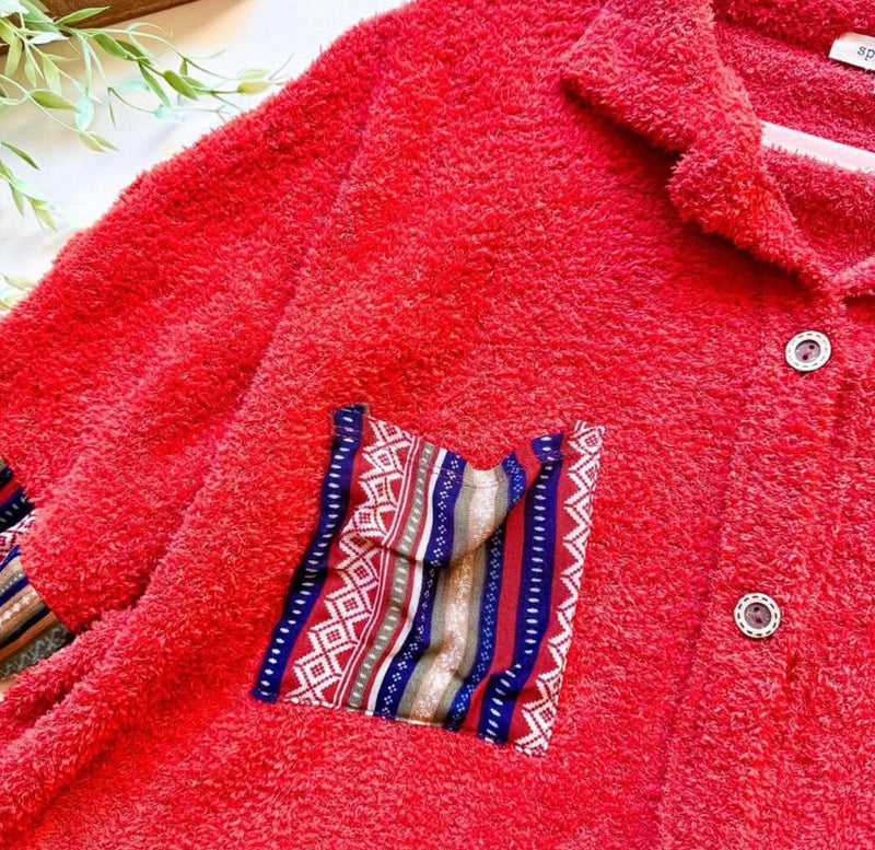 Solid Red Multi Stripe Long Sleeve Sherpa Button Down Shacket