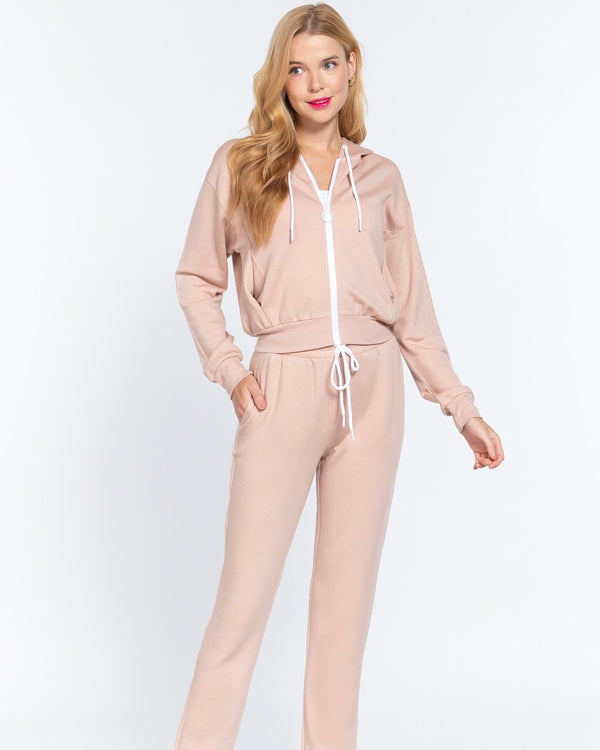 Pale Pink Blush 2 pc Zip Front French Terry Elastic Waist Pant Jogger Lounge Active Set