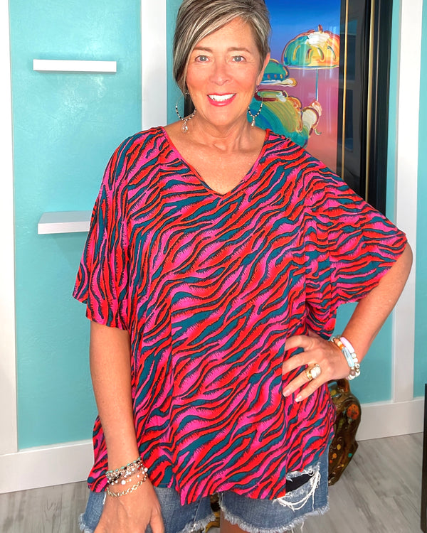 Magenta & Teal Animal Zebra Print VNeck Short Sleeve Blouse