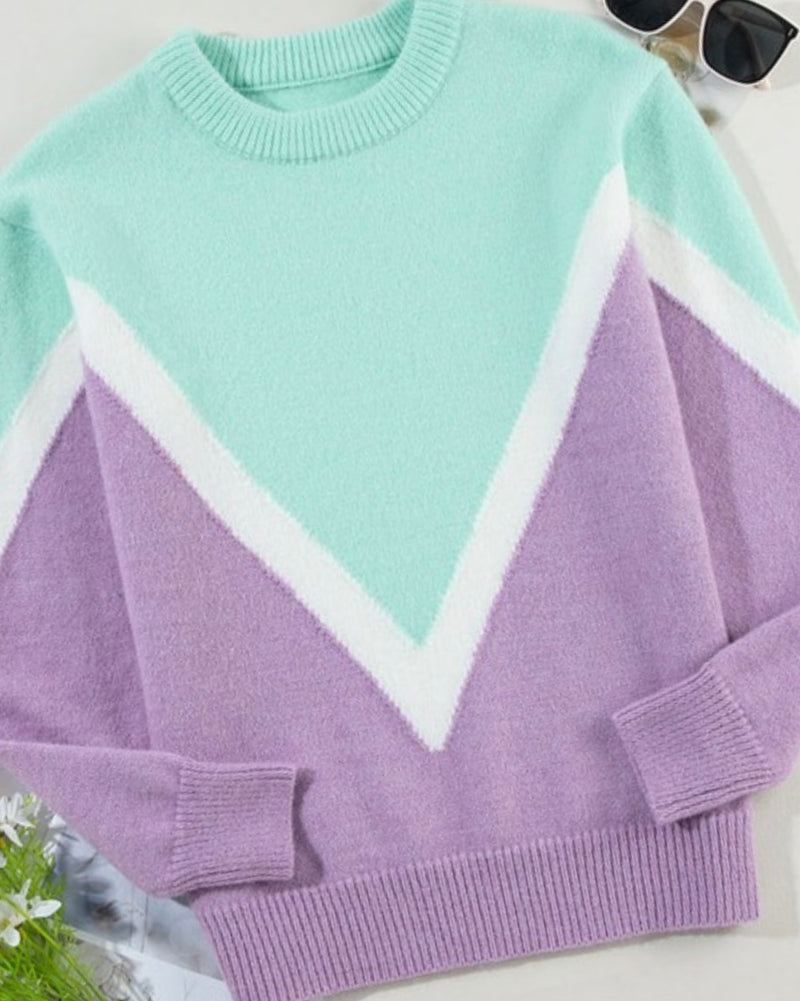 Purple & Mint Green Long Sleeve Crew Neck Diamond Sweater