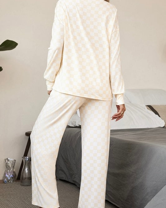 Khaki Beige & White Checkered 2 Pc Elastic Waist Pant Long Sleeve Lounge Set