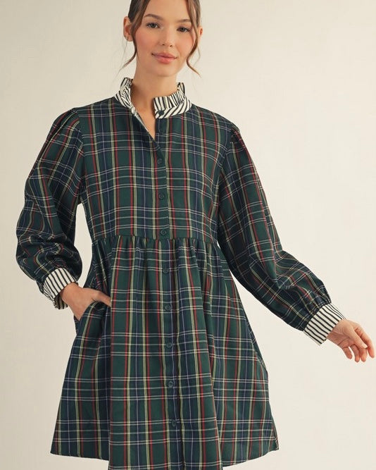 Navy Blue Plaid or Tan Plaid Long Sleeve Contrast Button Neck Dress