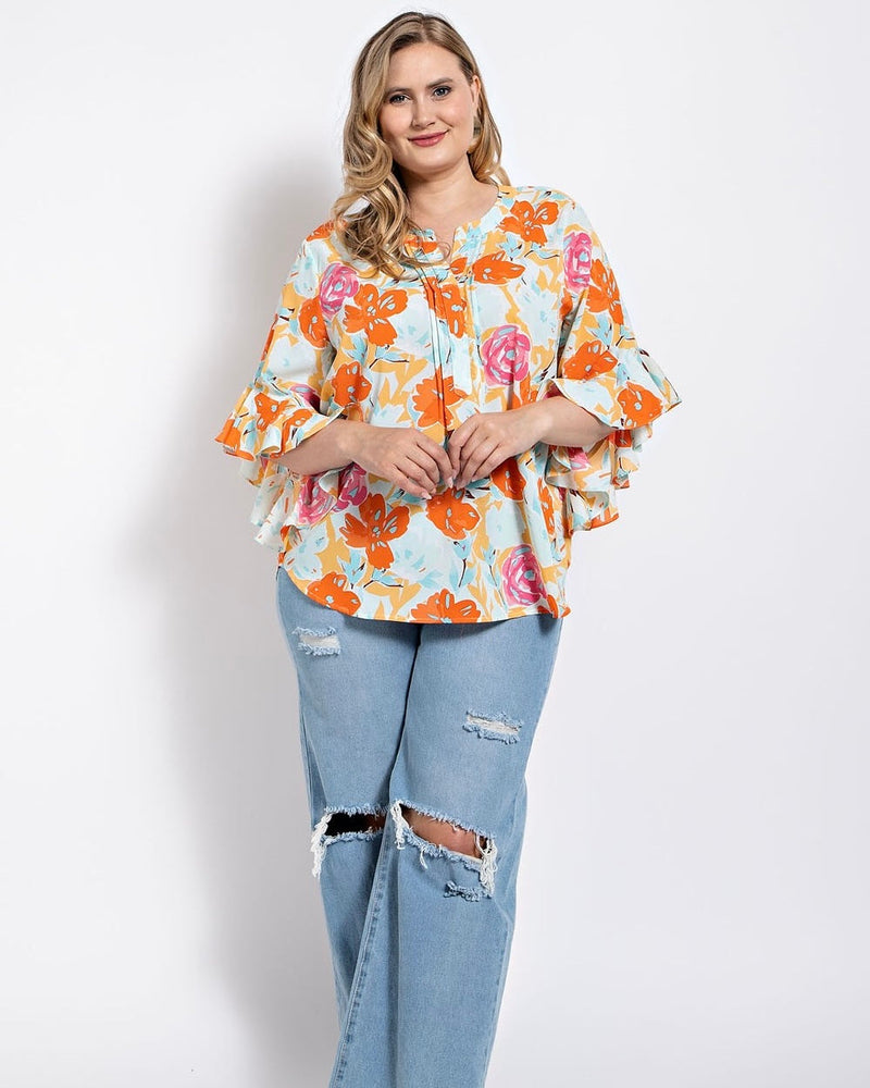 Orange, Pink with Blue Floral Print Ruffled Bell Sleeve Woven Top