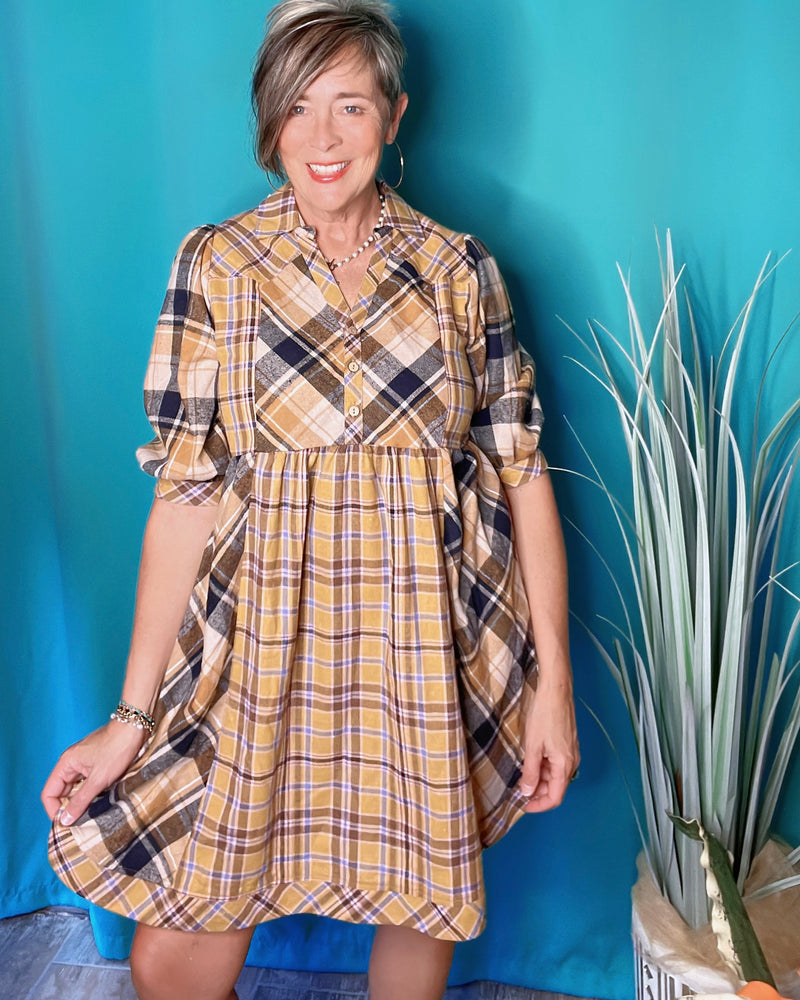 Yellow Gold Mix Plaid Contrast Elbow Sleeve Open Neck Dress