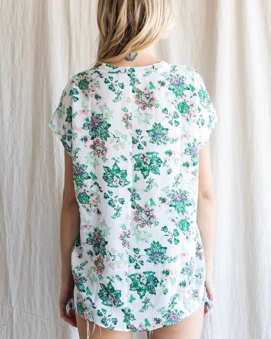 Green & White Multicolor Floral Boxy Dolman Cap Sleeve Top
