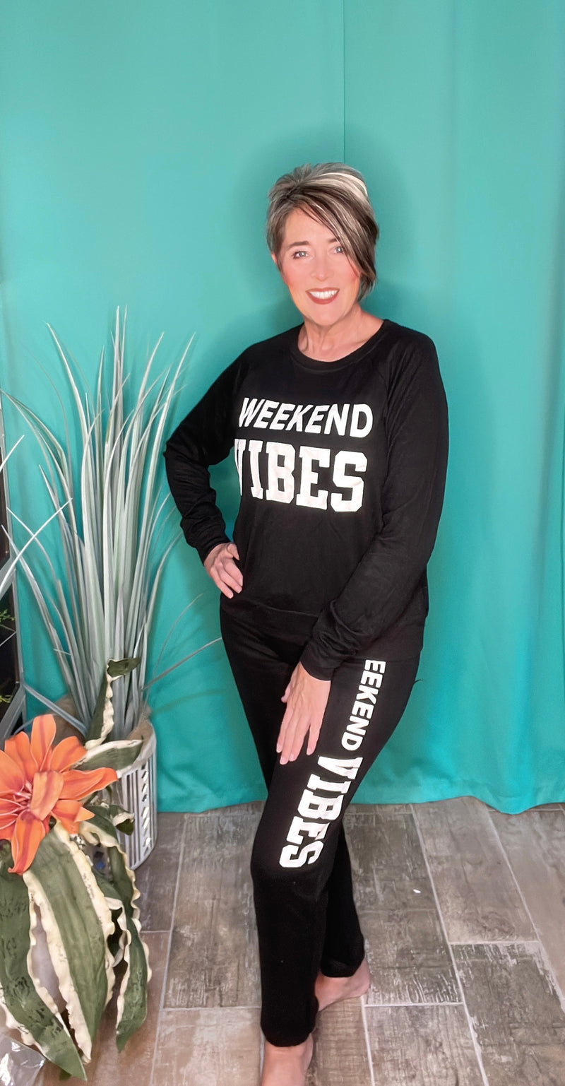 Black "Weekend Vibes" 2 Pc Drawstring Sweatshirt Pant Lounge Set