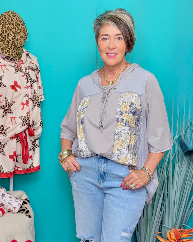 Boho Taupe Gray Solid Floral Block 3/4 Sleeve Tie Neck High Low Top