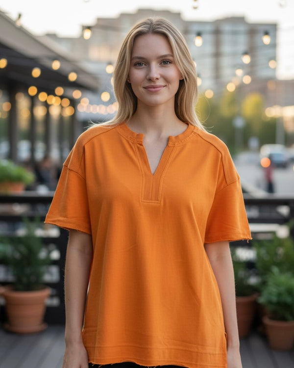 Light Terra Cotta Peach High Lo Short Sleeve Split Tunic Top