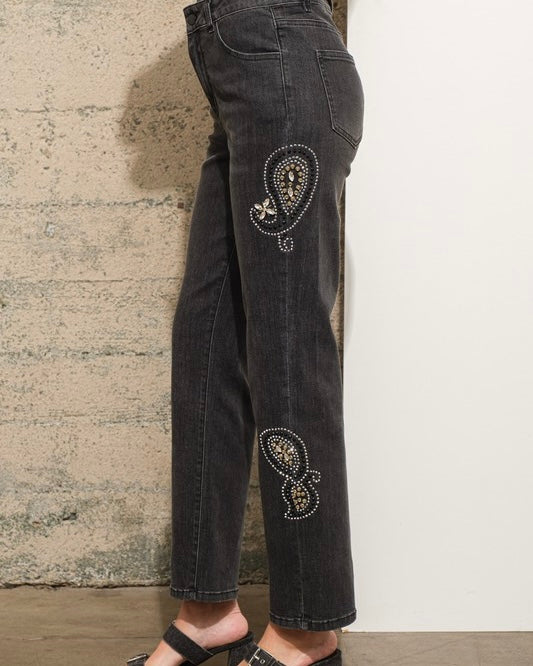 Black Mid Rise Paisley Rhinestone Embellished Skinny Stretch Denim Jeans