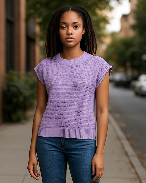Lilac Purple Light Knit Short Cap Sleeve Crew Neck Sweater Top
