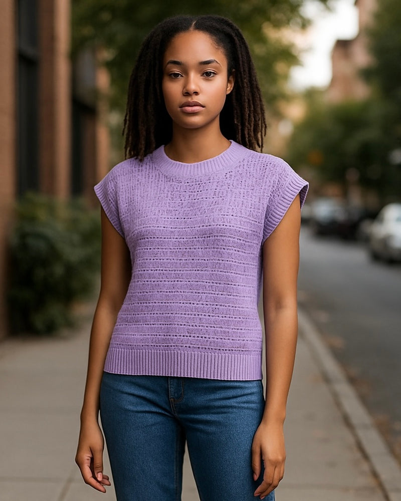 Lilac Purple Light Knit Short Cap Sleeve Crew Neck Sweater Top