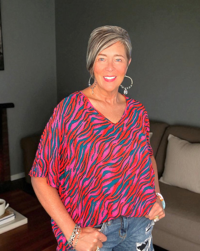 Magenta & Teal Animal Zebra Print VNeck Short Sleeve Blouse