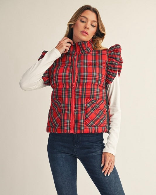 Red Plaid Front Zip Ruffled Cap Sleeve Puff Vest