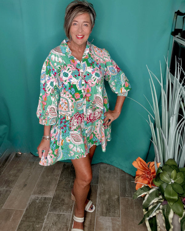 Green Pink Multicolor Paisley Floral Mix Print A-Line Swing Button Down 3/4 Sleeve Tunic Top Dress