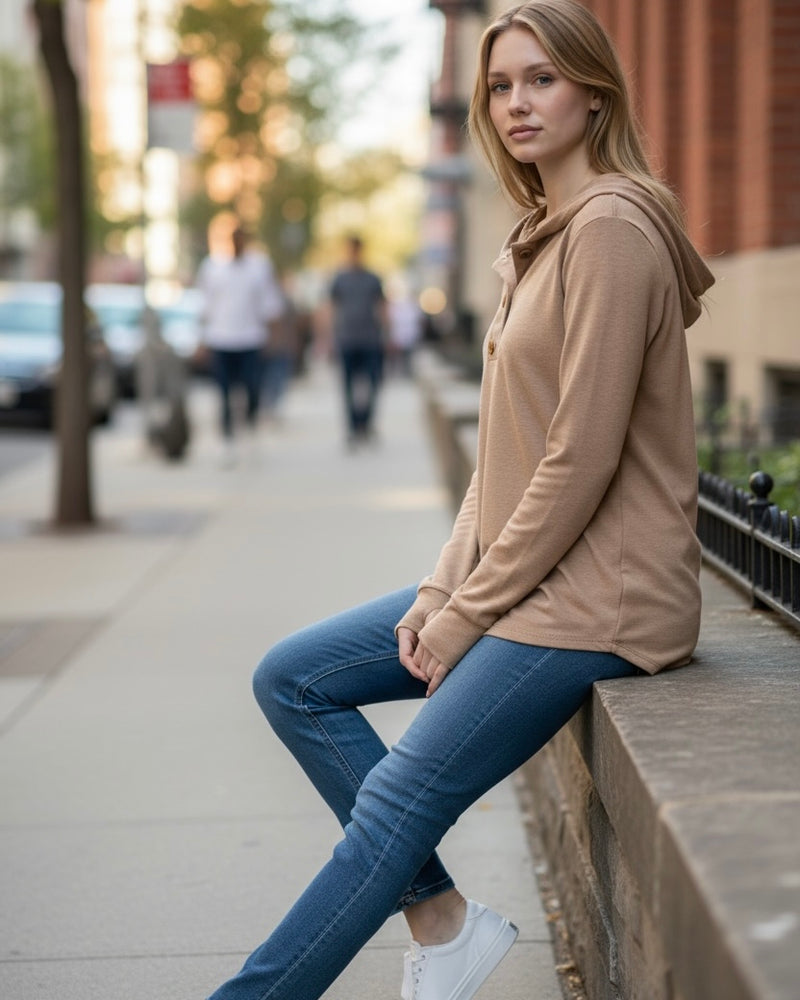 Latte Light Brown Button Neck Hoodie Long Sleeve Top