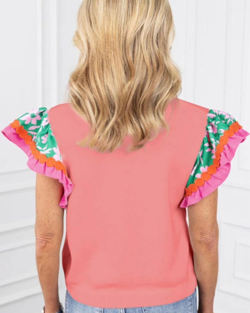 Peach Apricot Contrast Ricrac Floral Sleeve T-shirt Top