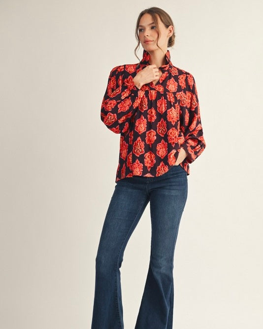 Eggplant & Orange Damask Print Long Sleeve Hi Ruffle Neck Tie Top