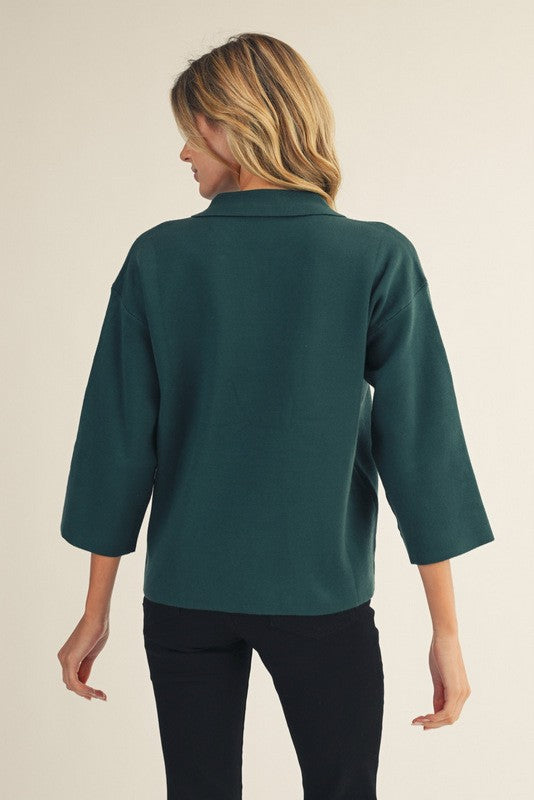Emerald Green Pearl Accent Polo 3/4 Sleeve Sweater Top