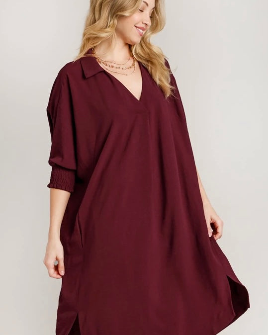 Plus Size Red Burgandy Wine Open Neck Elbow Smock Sleeve Pocket Tunic Dress