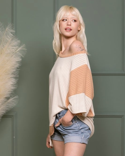Cream & Tan Color Block Fleece Ribbed Light Knit 3/4 Sleeve Top