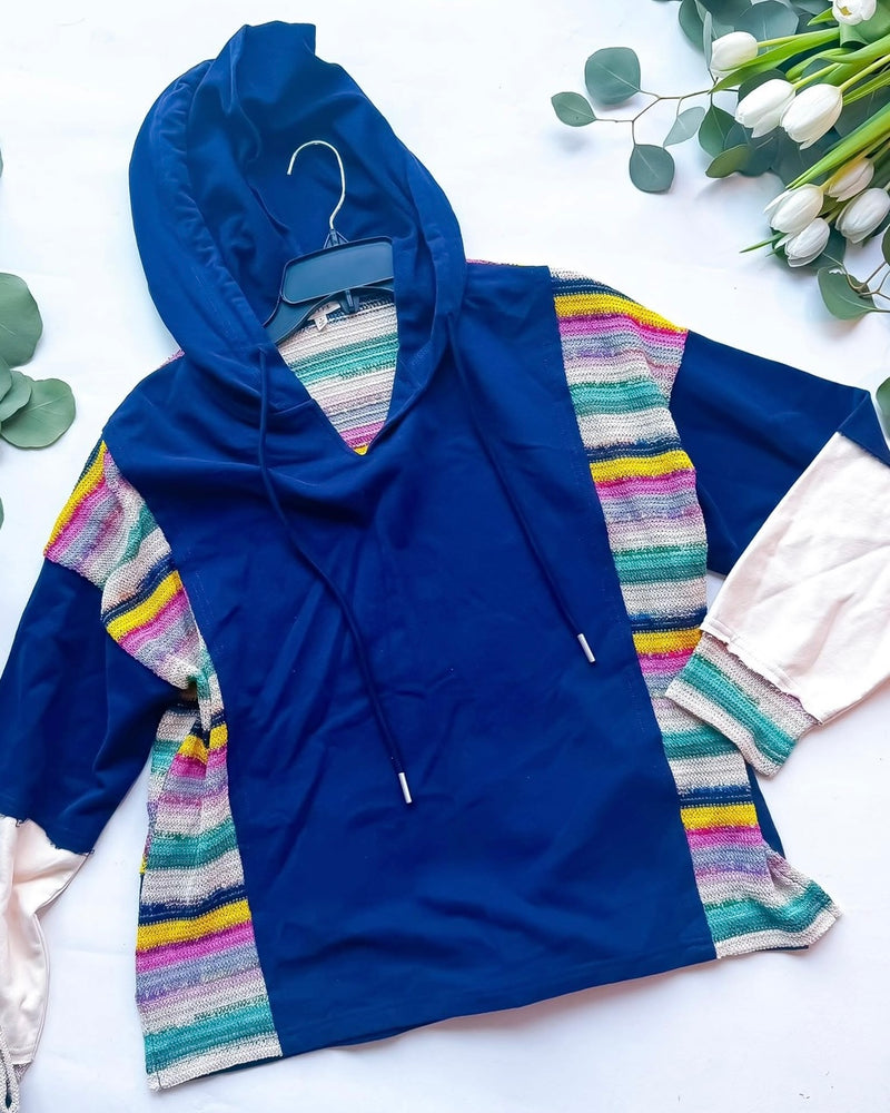 Blue, Cream, Terra Cotta or Navy Blue Color Block Stripe Contrast Long Sleeve Pullover Drawstring Hoodie Top