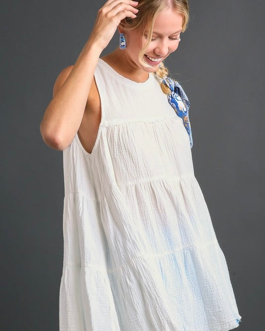 White, Pink or Lime Green Oversized Sleeveless Tiered Babydoll Cotton Gauze Top